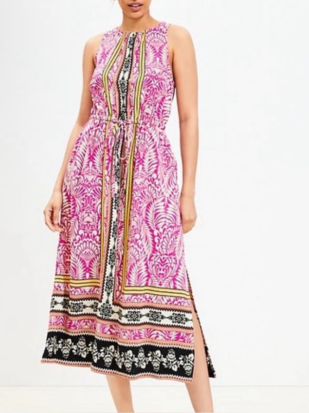 LOFT Pink Patterned Sleeveless Maxi Dress with Yellow & Black Trim size Large